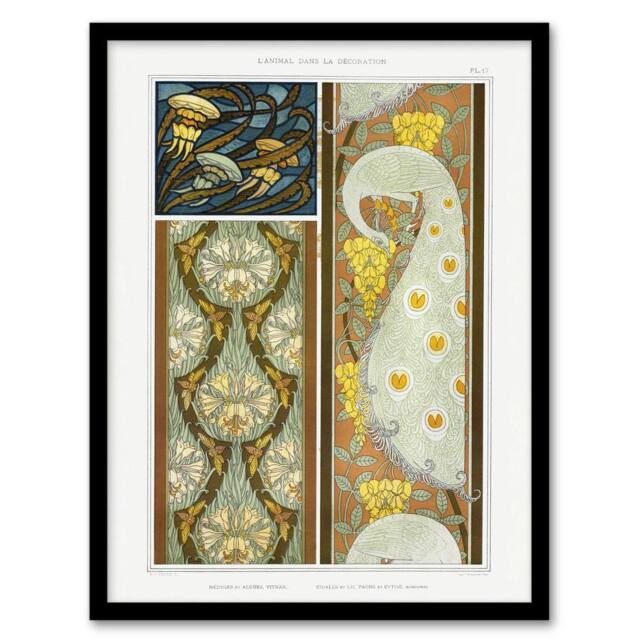 Artery8 Peacock Jellyfish Lily Nouveau Vintage Framed Wall Art Print Verneuil in Brown - Size: A4 - image 1