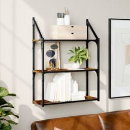 Berkfield Home 3-Tier Wall Shelf Smoked Oak 60x21x78.5 cm Engineered Wood in Brown - thumbnail 2