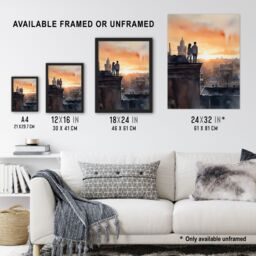 "Artery8 Wall Art Print Rooftop Romance Watercolour Painting Blue Orange Couple Watching City Sunset Bedroom Art Poster - Size: W24"" x H32""" - thumbnail 3