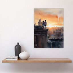 "Artery8 Wall Art Print Rooftop Romance Watercolour Painting Blue Orange Couple Watching City Sunset Bedroom Art Poster - Size: W24"" x H32""" - thumbnail 4