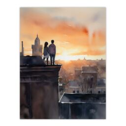 "Artery8 Wall Art Print Rooftop Romance Watercolour Painting Blue Orange Couple Watching City Sunset Bedroom Art Poster - Size: W24"" x H32""" - thumbnail 1