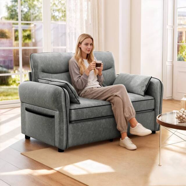 HOMCOM Loveseat Sofa, Faux Leather Sofa with Thicken Cushion, Grey - Size: 2 Seater - image 1