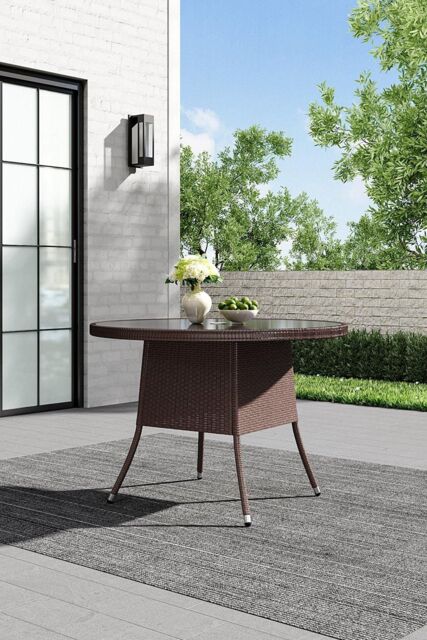 Garden Sanctuary Outdoor Tempered Glass Wicker Table with Parasol Hole in Brown - image 1