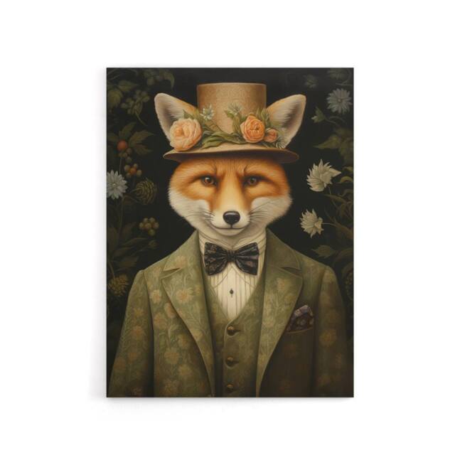 "Artery8 Gentleman Fox In Floral Victorian Suit Canvas Wall Art Print in Brown - Size: W18"" x H24""" - image 1