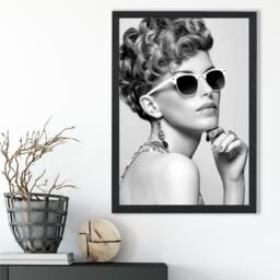 ARTZE Girl with Sunglasses Fashion Black & White Photo Framed Print SIZE: A3 with Black Frame - Size: A4 - thumbnail 2