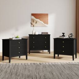 Melody Maison Wide 3 Drawer Chest Of Drawers & Pair Of Large Bedside Tables - Hales Black Range - thumbnail 4