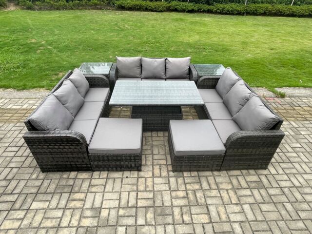Fimous 11 Seater Garden Dining Set Outdoor Rattan Furniture Lounge Sofa Height Adjustable Rising lifting Table in Dark Grey - image 1