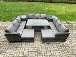 Fimous 11 Seater Garden Dining Set Outdoor Rattan Furniture Lounge Sofa Height Adjustable Rising lifting Table in Dark Grey - thumbnail 2