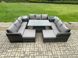 Fimous 11 Seater Garden Dining Set Outdoor Rattan Furniture Lounge Sofa Height Adjustable Rising lifting Table in Dark Grey - thumbnail 1