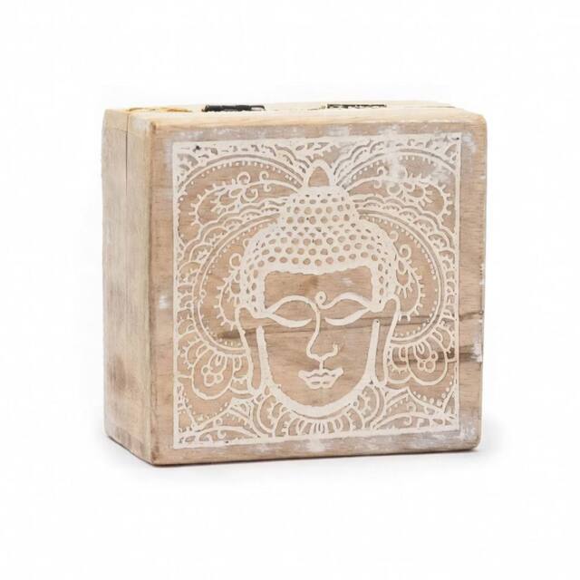 KDMD Small Square Box 10x10x4.2cm - Buddha Face Whitewash in Brown - Size: 10x10x4.2 cm - image 1