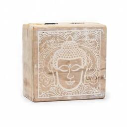 KDMD Small Square Box 10x10x4.2cm - Buddha Face Whitewash in Brown - Size: 10x10x4.2 cm