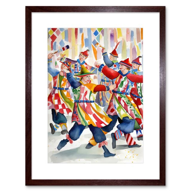 "Artery8 Wall Art Print Morris Dancers Dancing Folk Art Watercolour Painting Artwork Framed 9X7 Inch in Brown - Size: W7"" x H9""" - image 1