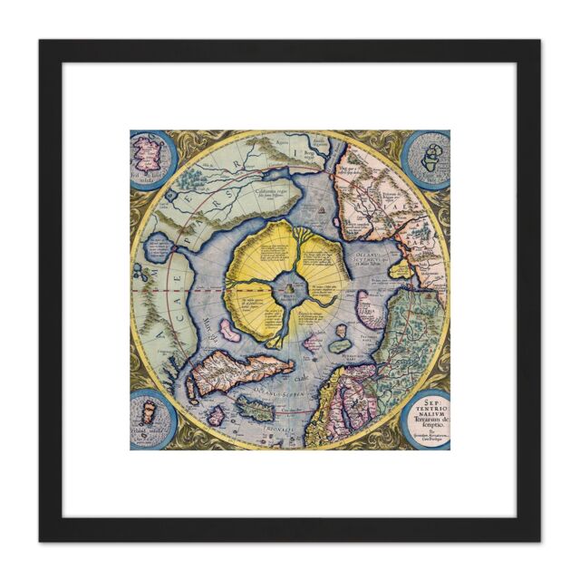 Artery8 Map Mercator 1623 North Pole Arctic Pictorial Chart 8X8 Inch Square Wooden Framed Wall Art Print Picture with Mount in Black - image 1