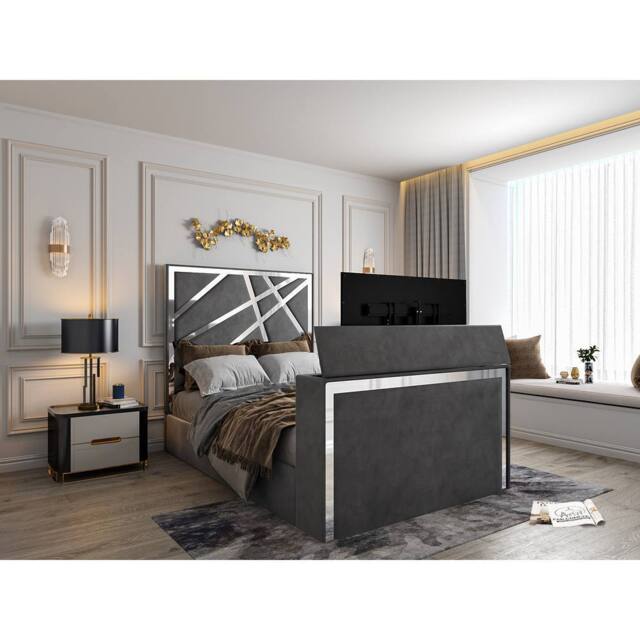 KDMD Morgan Upholstered Soft Velvet Grey TV Bed Frame - Size: Single - image 1