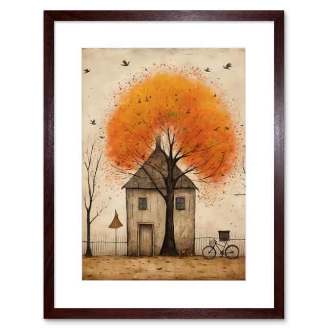 "Artery8 Wall Art Print Country House Autumn Tree Oil Painting Orange Brown Bicycle on Fence Rural Life Artwork Framed 9X7 Inch - Size: W7"" x H9""" - image 1
