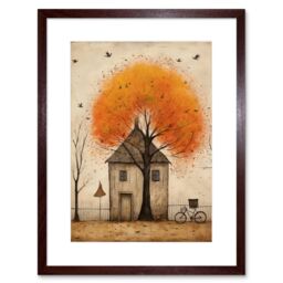 "Artery8 Wall Art Print Country House Autumn Tree Oil Painting Orange Brown Bicycle on Fence Rural Life Artwork Framed 9X7 Inch - Size: W7"" x H9""" - thumbnail 1
