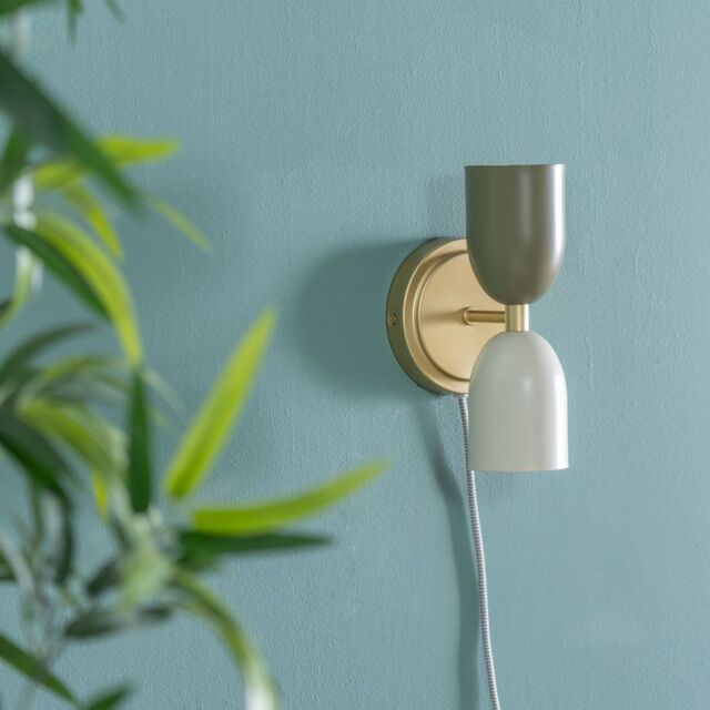 ValueLights Pair of - Plug in Gold Up & Down Easy Fit Wall Lights with Khaki / Cream Shades - image 1