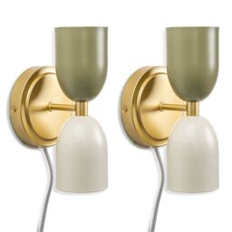 ValueLights Pair of - Plug in Gold Up & Down Easy Fit Wall Lights with Khaki / Cream Shades - thumbnail 2