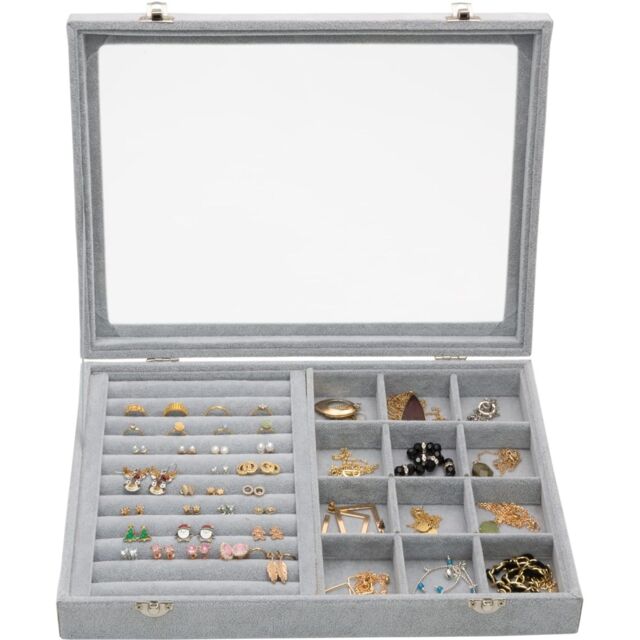 Gr8 Home Jewellery Box 12 Grid Earrings Rings Storage Organiser in Grey - image 1