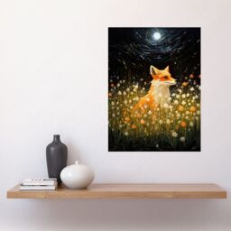 Artery8 Wall Art Print Watching the Fireflies Dance Happy Fox over a Wildflower Meadow Oil Painting Orange White Blue Full Moon Spring Night Dreamy - thumbnail 2