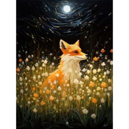 Artery8 Wall Art Print Watching the Fireflies Dance Happy Fox over a Wildflower Meadow Oil Painting Orange White Blue Full Moon Spring Night Dreamy - thumbnail 1