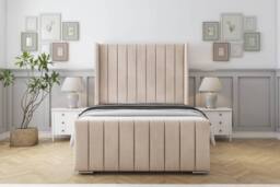 "Sloomy Sofia Chrome Naples Bed Frame With 50"" Upholstered Headboard in Light Sand - Size: Small Double" - thumbnail 1