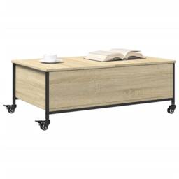 Berkfield Home Coffee Table with¬†Wheels Sonoma Oak 91x55x34 cm Engineered¬†Wood in Light Oak - Size: 91 x 55 x 34 cm - thumbnail 4