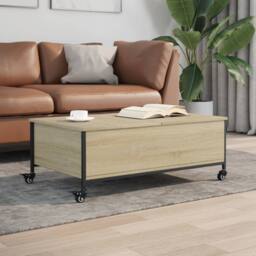 Berkfield Home Coffee Table with¬†Wheels Sonoma Oak 91x55x34 cm Engineered¬†Wood in Light Oak - Size: 91 x 55 x 34 cm - thumbnail 2