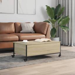 Berkfield Home Coffee Table with¬†Wheels Sonoma Oak 91x55x34 cm Engineered¬†Wood in Light Oak - Size: 91 x 55 x 34 cm - thumbnail 3