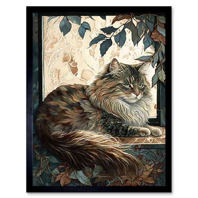"Artery8 Wall Art Print Siberian Cat Perched on Window Sill in Autumn Modern Art Framed in Black - Size: W12"" x H16""" - image 1