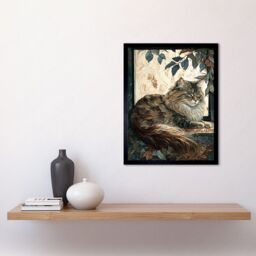 "Artery8 Wall Art Print Siberian Cat Perched on Window Sill in Autumn Modern Art Framed in Black - Size: W12"" x H16""" - thumbnail 2