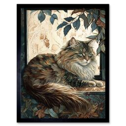 "Artery8 Wall Art Print Siberian Cat Perched on Window Sill in Autumn Modern Art Framed in Black - Size: W12"" x H16""" - thumbnail 1