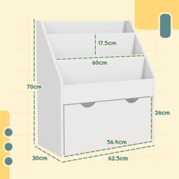 AIYAPLAY Kids Bookcase w/ 3 Tier Shelves, Drawer, for Bedroom, Nursery, White - thumbnail 3