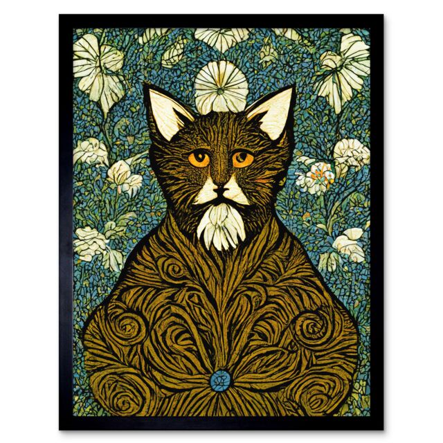 "Artery8 Wall Art Print Floral Paisley Illustrated Golden Cat William Morris Art Framed in Black - Size: W12"" x H16""" - image 1
