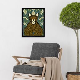 "Artery8 Wall Art Print Floral Paisley Illustrated Golden Cat William Morris Art Framed in Black - Size: W12"" x H16""" - thumbnail 2