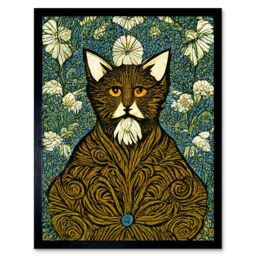 "Artery8 Wall Art Print Floral Paisley Illustrated Golden Cat William Morris Art Framed in Black - Size: W12"" x H16""" - thumbnail 1