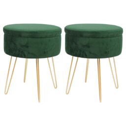 Harbour Housewares Round Velvet Storage Footstools - H45 x D36cm - Gold Legs - Pack of 2 in Green