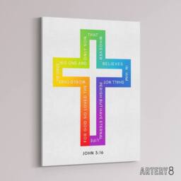 "Artery8 John 3:16 God So Loved The World Colourful Cross Canvas Wall Art Print in White - Size: W18"" x H24""" - thumbnail 2