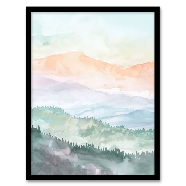 "Artery8 Mountain Mist Forest Landscape Hiking Watercolour Framed Art Print - Size: W12"" x H16""" - image 1