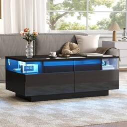 STILVORA High Gloss LED Coffee Table with Tray, 2 Drawers, Tempered Glass Top, Black - thumbnail 2