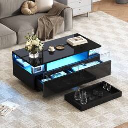 STILVORA High Gloss LED Coffee Table with Tray, 2 Drawers, Tempered Glass Top, Black - thumbnail 1