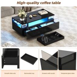 STILVORA High Gloss LED Coffee Table with Tray, 2 Drawers, Tempered Glass Top, Black - thumbnail 8
