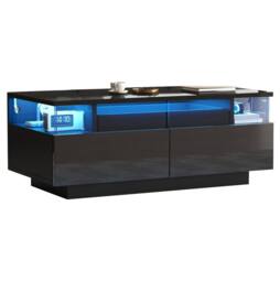 STILVORA High Gloss LED Coffee Table with Tray, 2 Drawers, Tempered Glass Top, Black - thumbnail 6