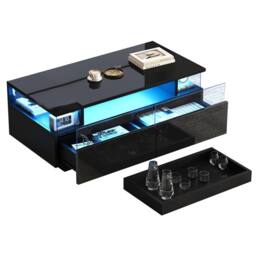 STILVORA High Gloss LED Coffee Table with Tray, 2 Drawers, Tempered Glass Top, Black - thumbnail 5