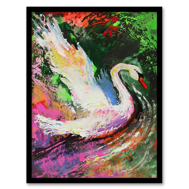 "Artery8 Swan Landing on Lake Colourful Painting Framed Art Print - Size: W12"" x H16""" - image 1
