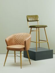 Orsina Grey Leather Chair With Gold Finish Legs, Genuine Grey Leather With Diamond Tufting, Arms & Padded Seat - thumbnail 3