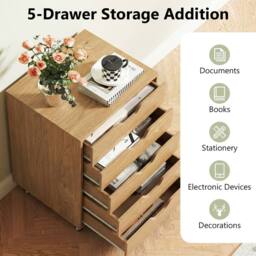 Costway 5 Drawer Chest Rolling Dresser Storage Cabinet w/Lockable Wheels in Natural - thumbnail 4