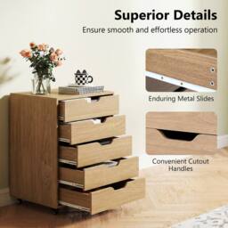 Costway 5 Drawer Chest Rolling Dresser Storage Cabinet w/Lockable Wheels in Natural - thumbnail 9