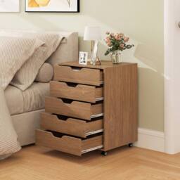 Costway 5 Drawer Chest Rolling Dresser Storage Cabinet w/Lockable Wheels in Natural - thumbnail 8