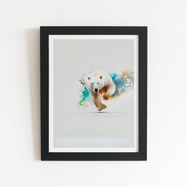 "Warren Reed - Designer Charging Polar Bear Framed Art Print in Black - Size: W24"" x H36""" - image 1